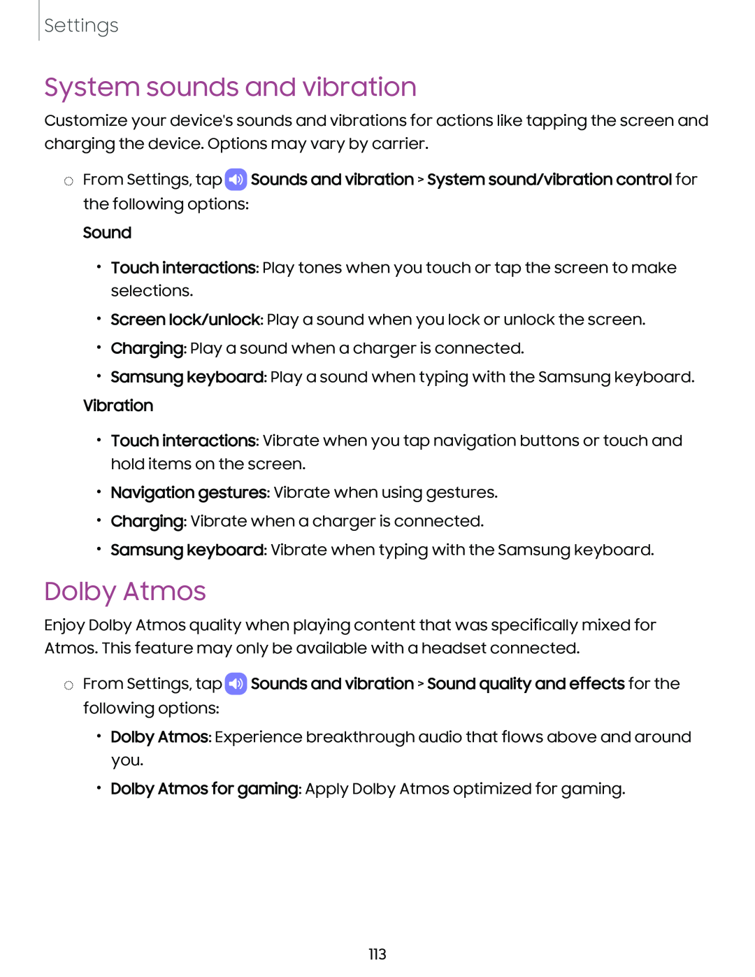 System sounds and vibration Dolby Atmos