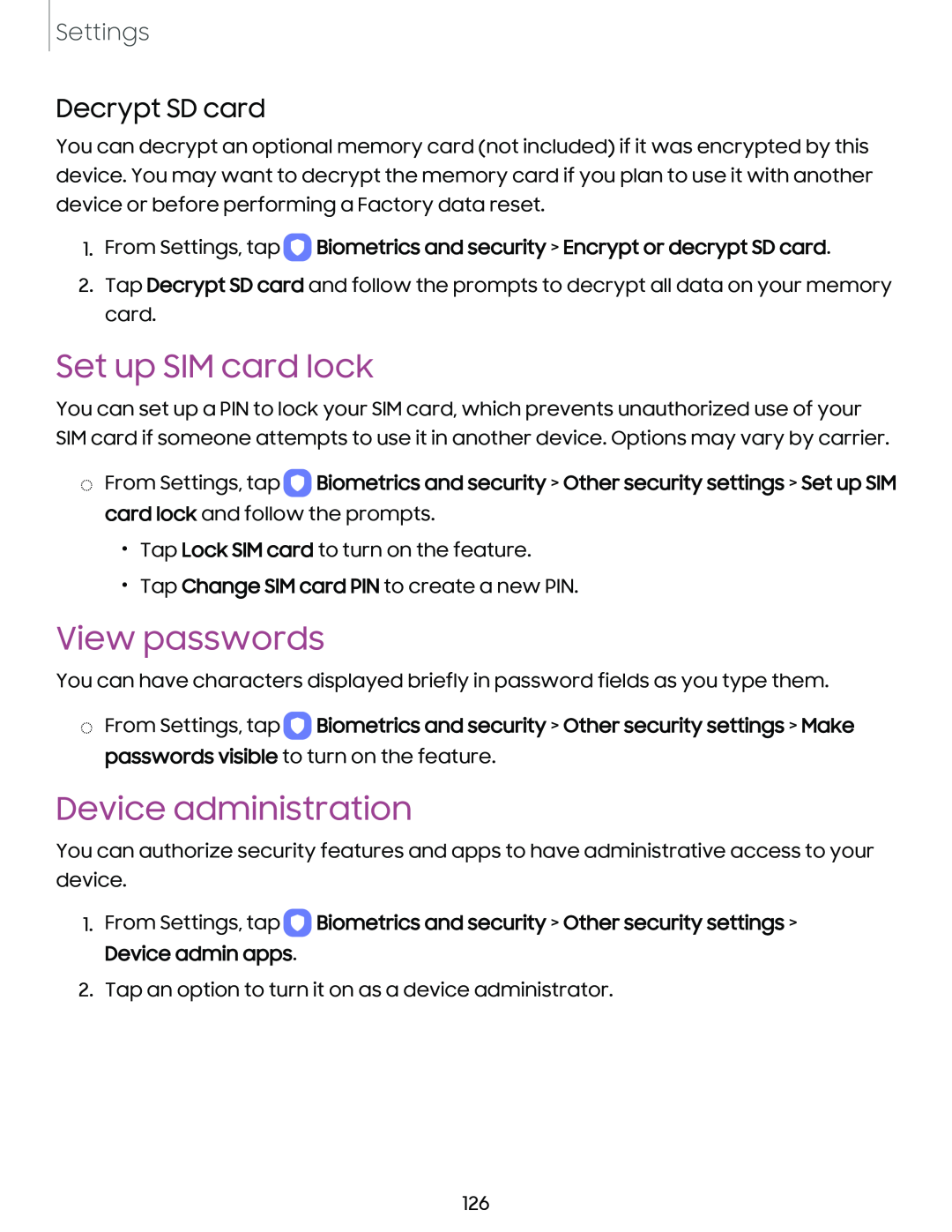 Decrypt SD card Set up SIM card lock