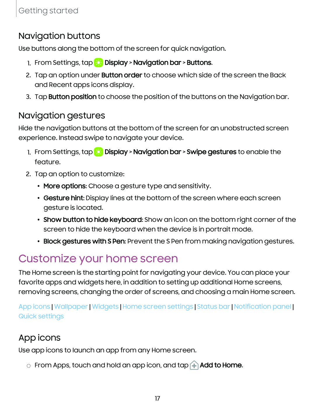 Navigation buttons Navigation gestures