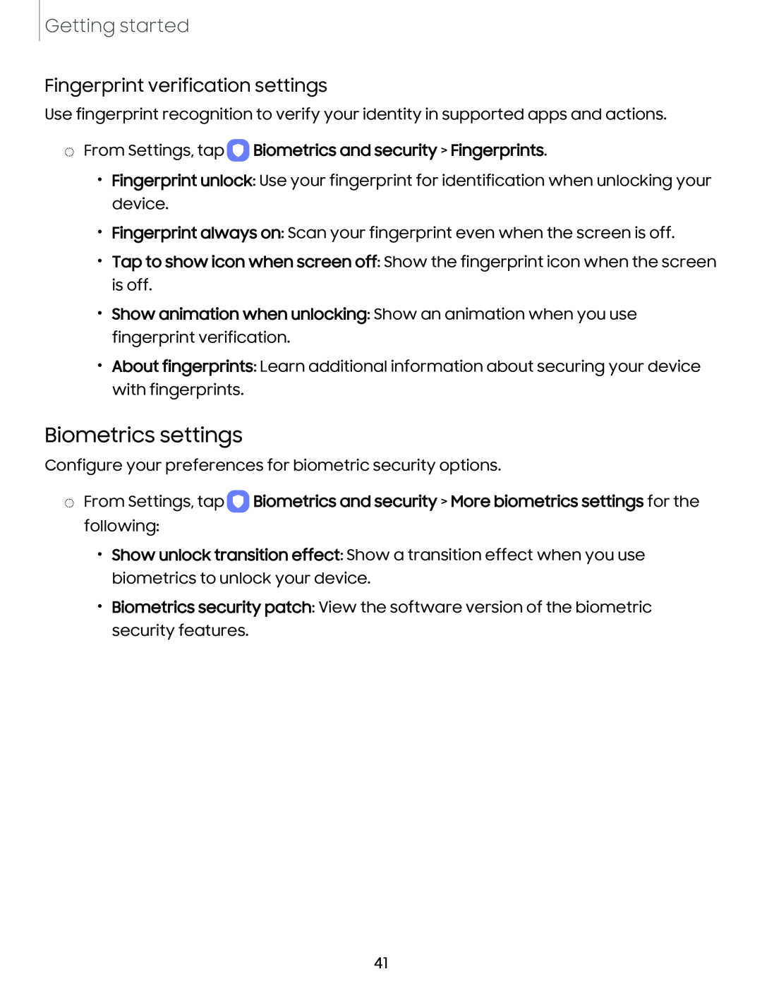 Fingerprint verification settings Biometrics settings