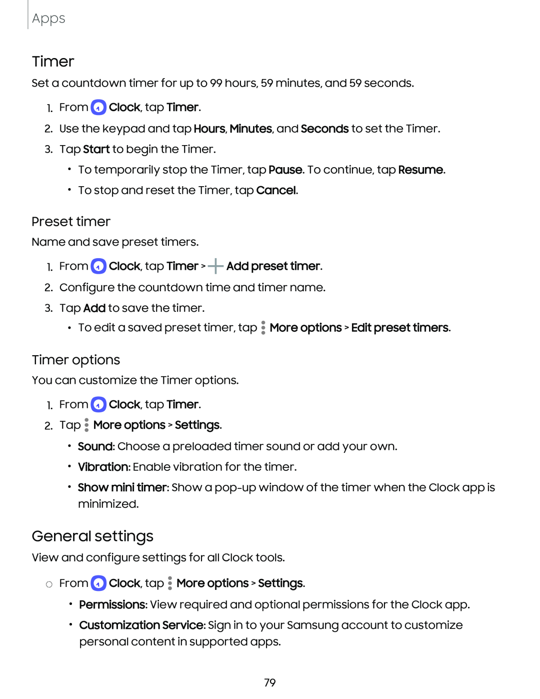 Preset timer Timer options