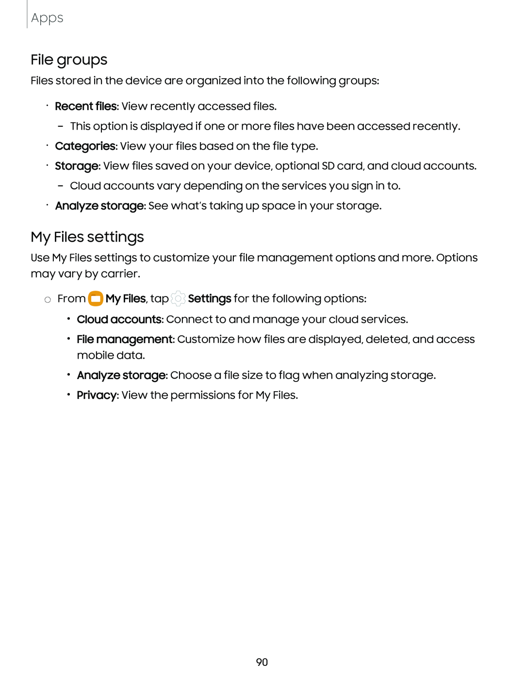 File groups My Files settings