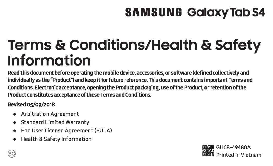 Terms & Conditions/Health & Safety Information Galaxy Tab S4 Wi-Fi