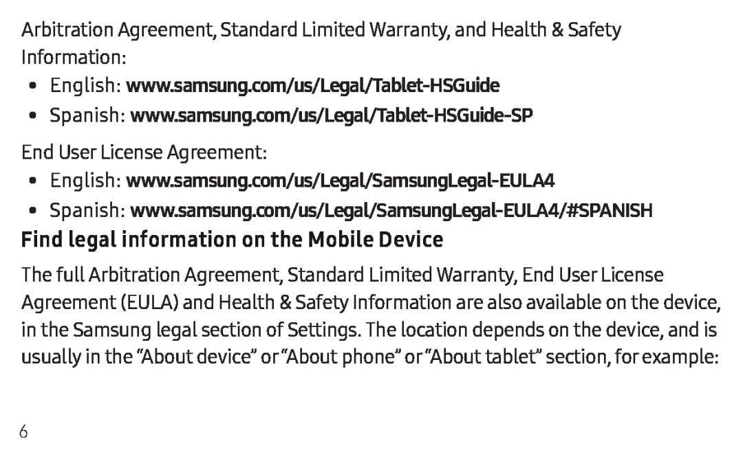 Find legal information on the Mobile Device Galaxy Tab S4 Wi-Fi