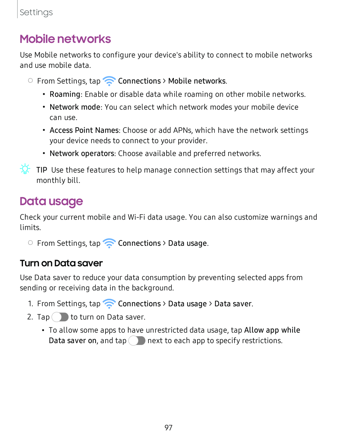 Turn on Data saver Mobile networks