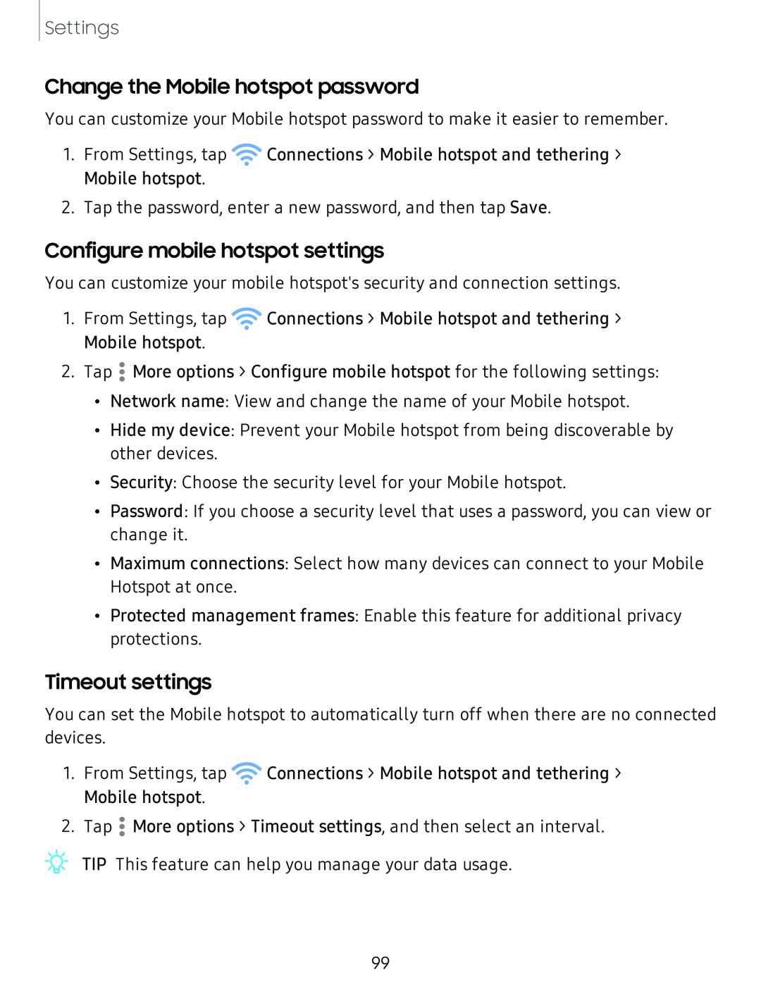 Change the Mobile hotspot password Configure mobile hotspot settings