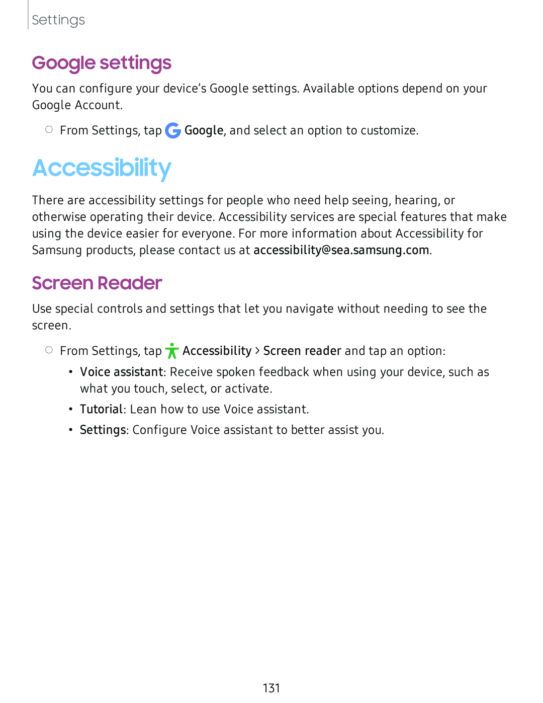 Google settings Screen Reader