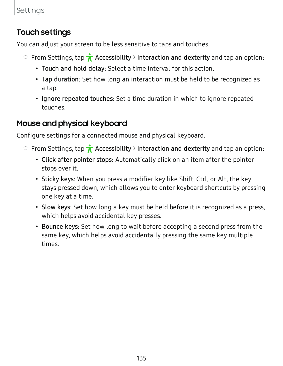 Touch settings Mouse and physical keyboard