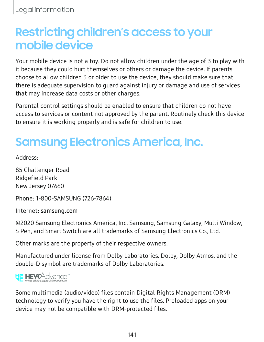 Restricting children’s access to your mobile device Samsung Electronics America, Inc