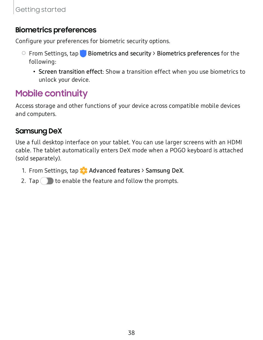 Biometrics preferences Samsung DeX