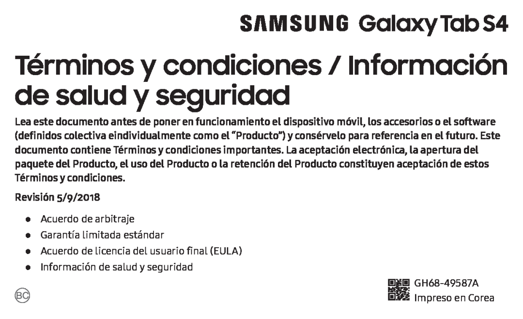 Términos y condiciones / Información de salud y seguridad Galaxy Tab S4 AT&T