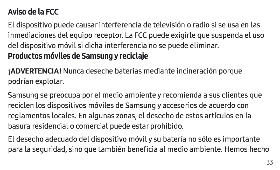 Aviso de la FCC Productos móviles de Samsung y reciclaje