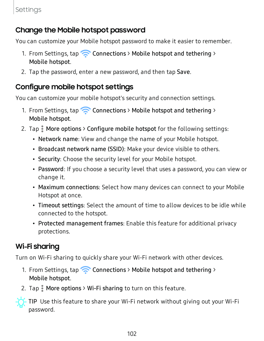 Change the Mobile hotspot password Configure mobile hotspot settings