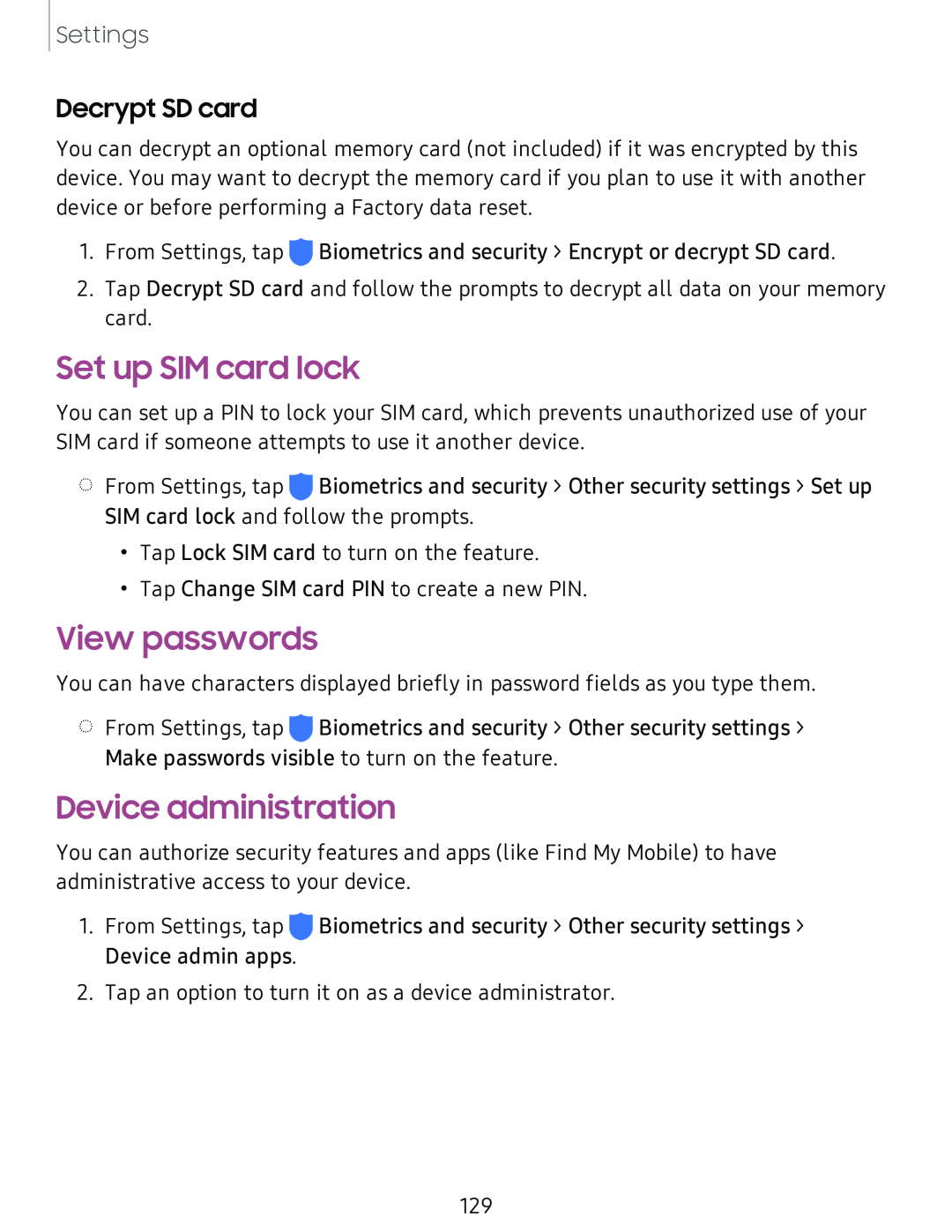 Decrypt SD card Set up SIM card lock