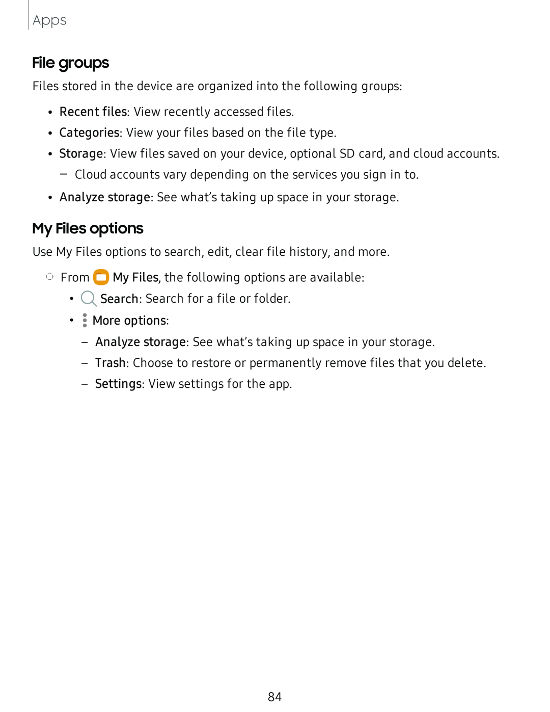 File groups My Files options