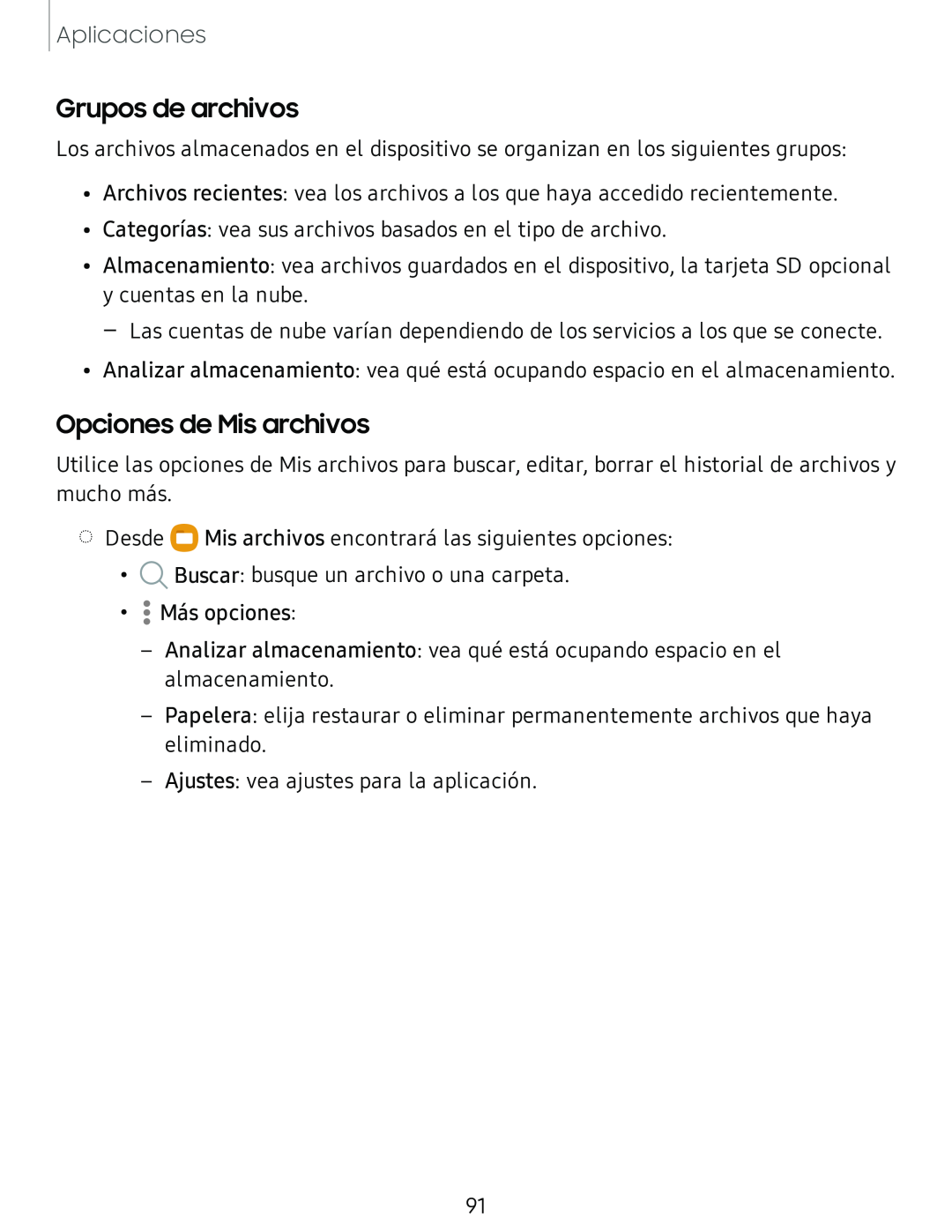 Grupos de archivos Opciones de Mis archivos