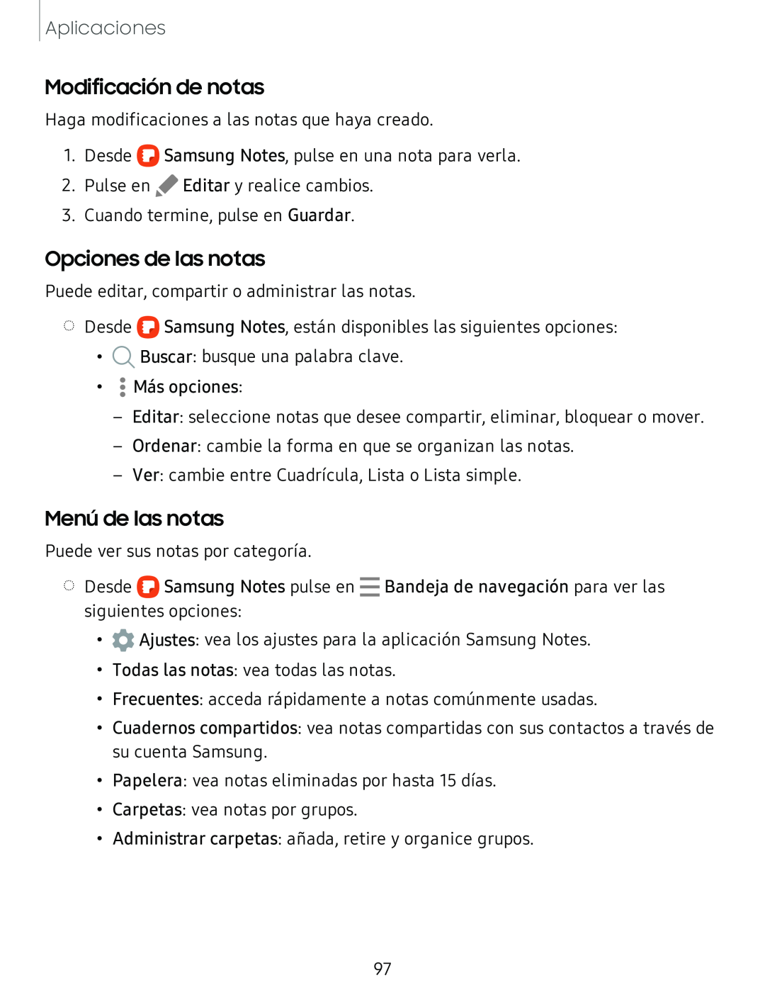 Modificación de notas Opciones de las notas