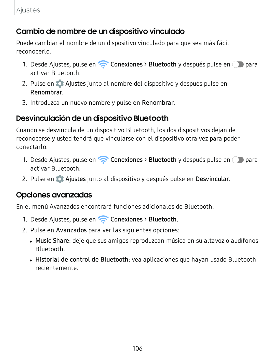 Cambio de nombre de un dispositivo vinculado Desvinculación de un dispositivo Bluetooth