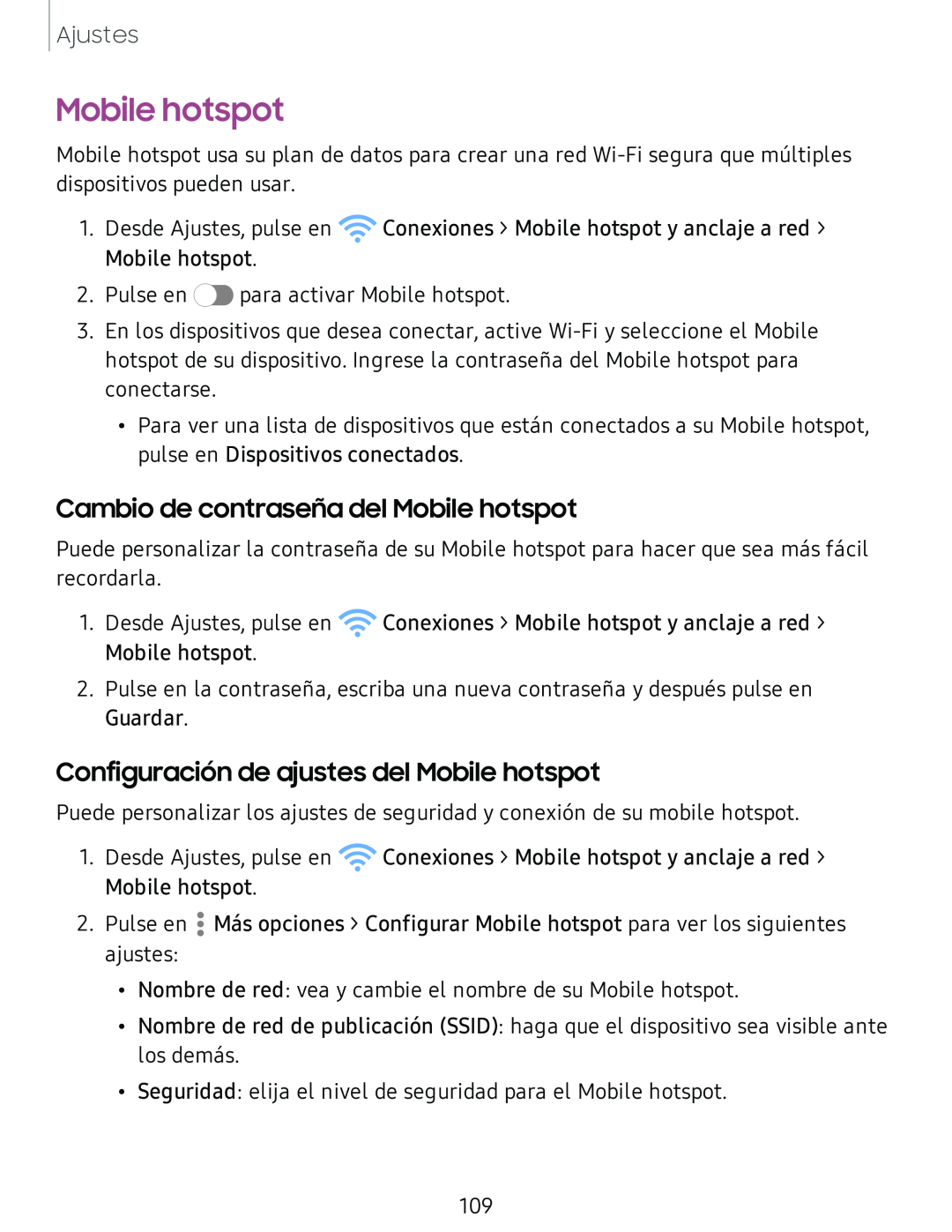 Cambio de contraseña del Mobile hotspot Configuración de ajustes del Mobile hotspot