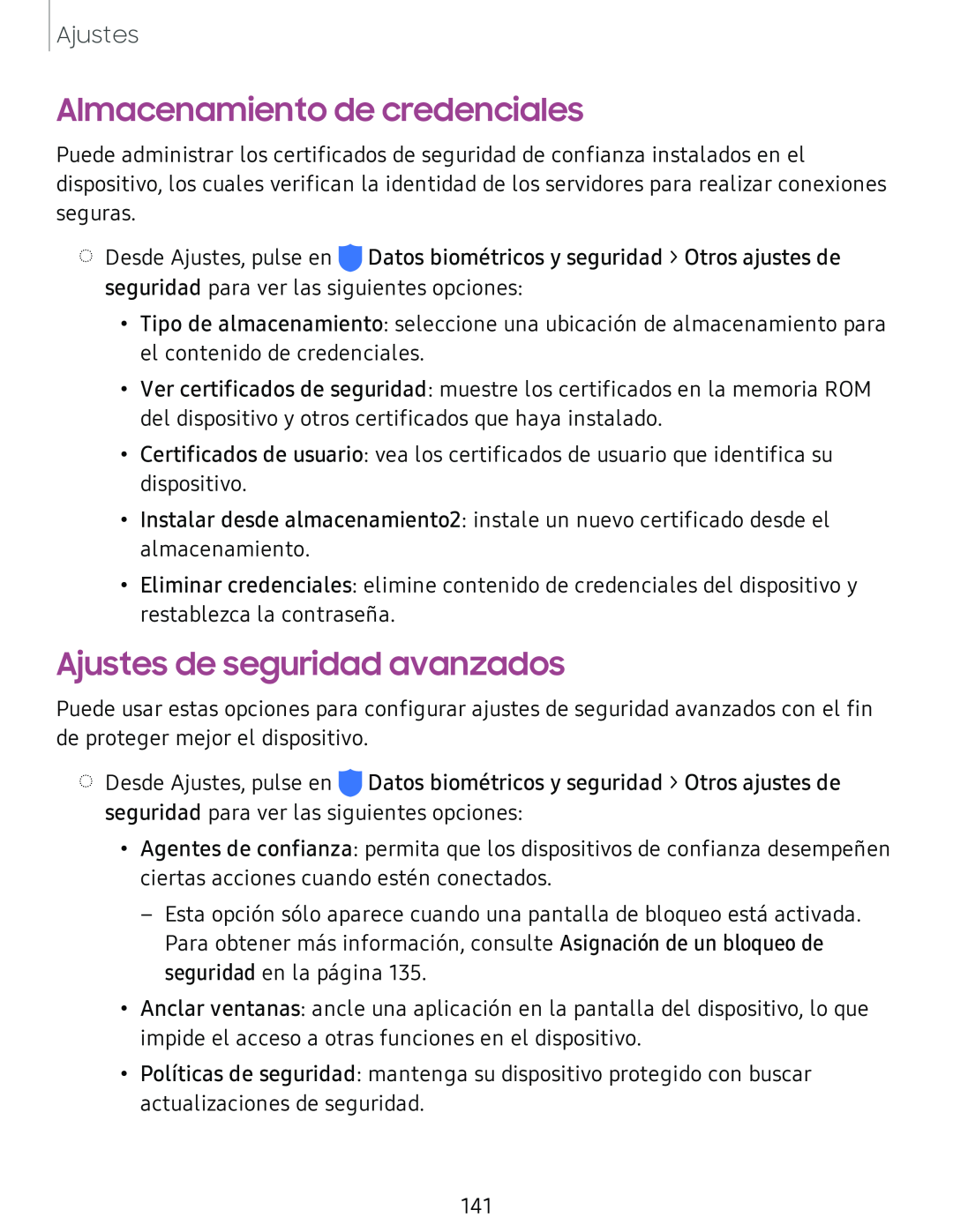 Almacenamiento de credenciales Ajustes de seguridad avanzados