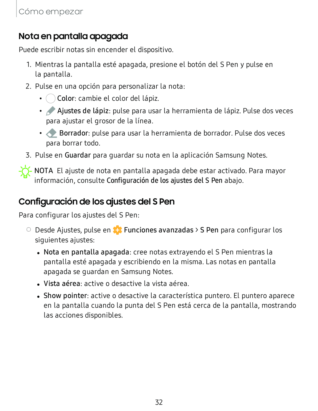 Nota en pantalla apagada Configuración de los ajustes del S Pen