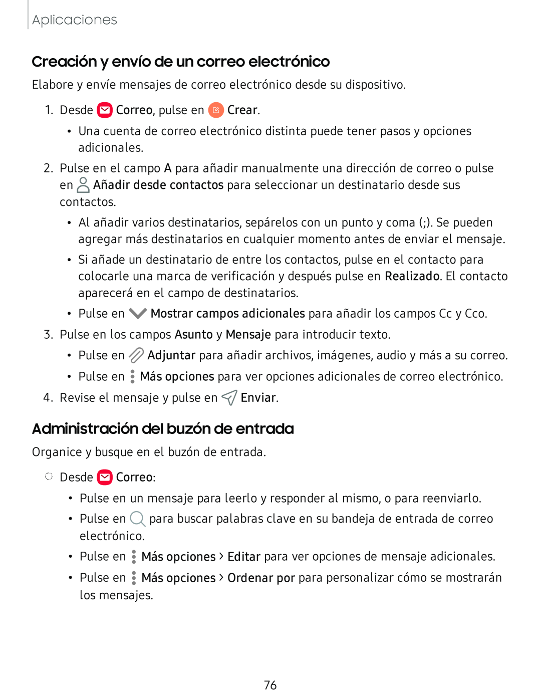 Creación y envío de un correo electrónico Administración del buzón de entrada