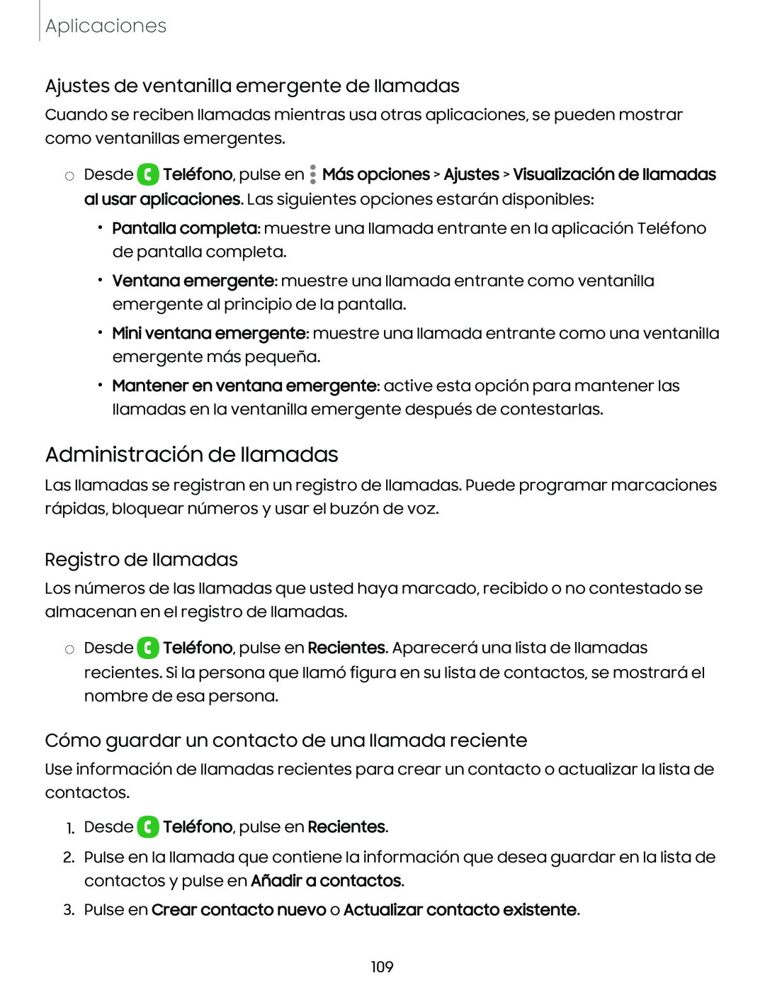 Ajustes de ventanilla emergente de llamadas Registro de llamadas