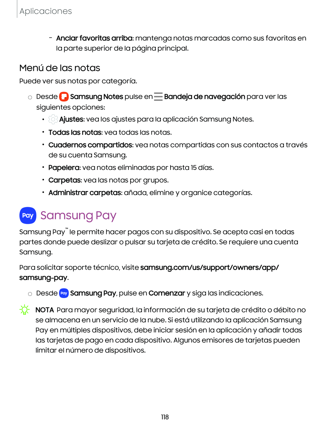 Menú de las notas Samsung Pay