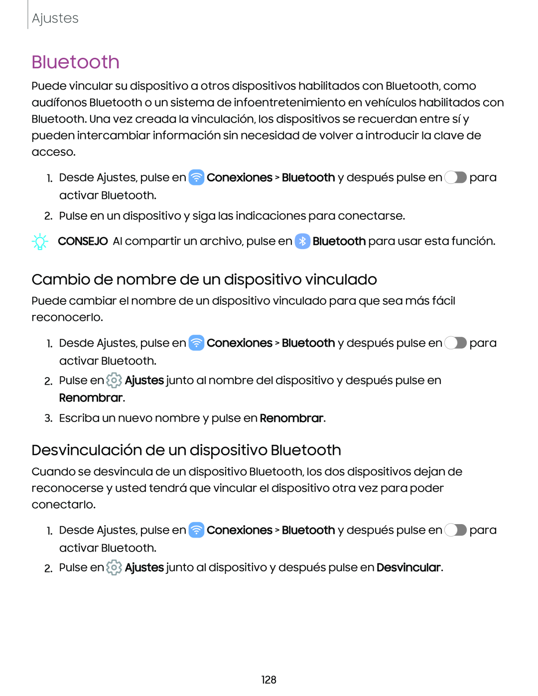 Cambio de nombre de un dispositivo vinculado Desvinculación de un dispositivo Bluetooth