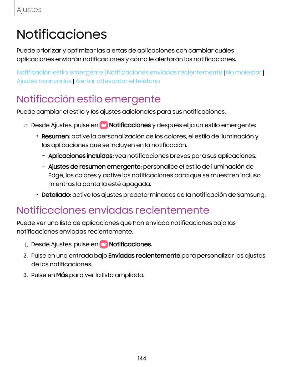 Notificación estilo emergente Notificaciones enviadas recientemente