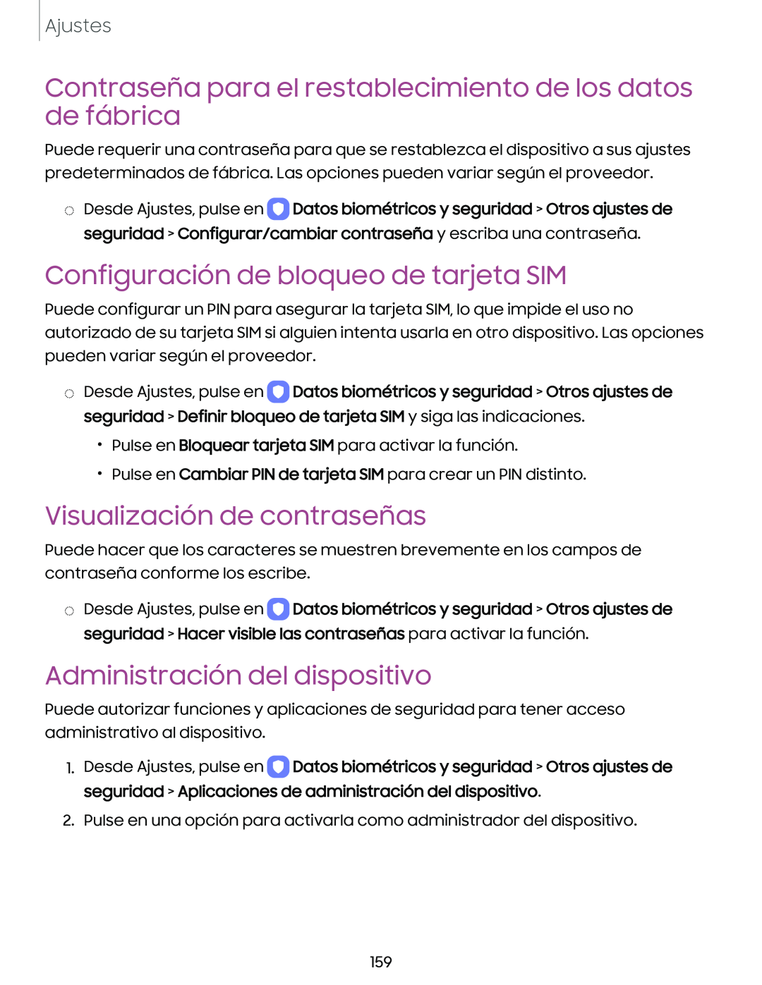 Contraseña para el restablecimiento de los datos de fábrica Configuración de bloqueo de tarjeta SIM