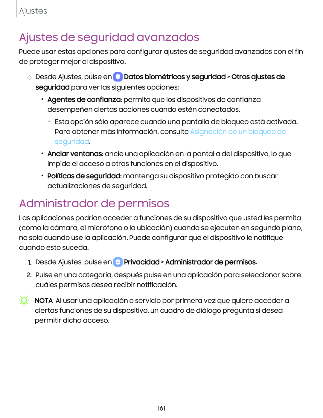 Ajustes de seguridad avanzados Administrador de permisos