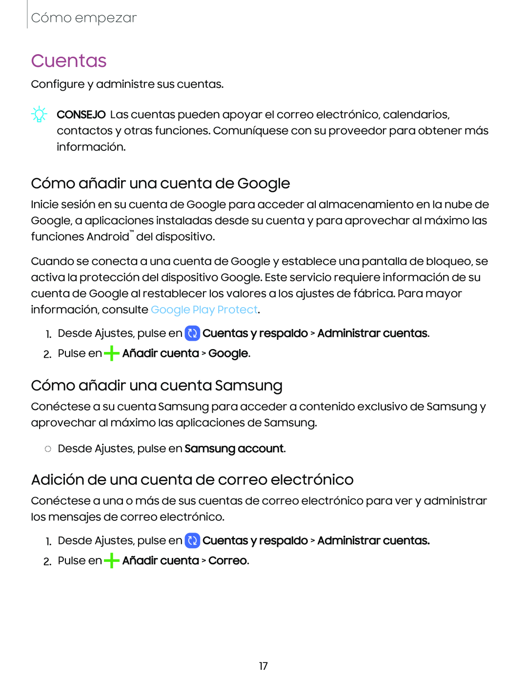 Cómo añadir una cuenta de Google Cómo añadir una cuenta Samsung