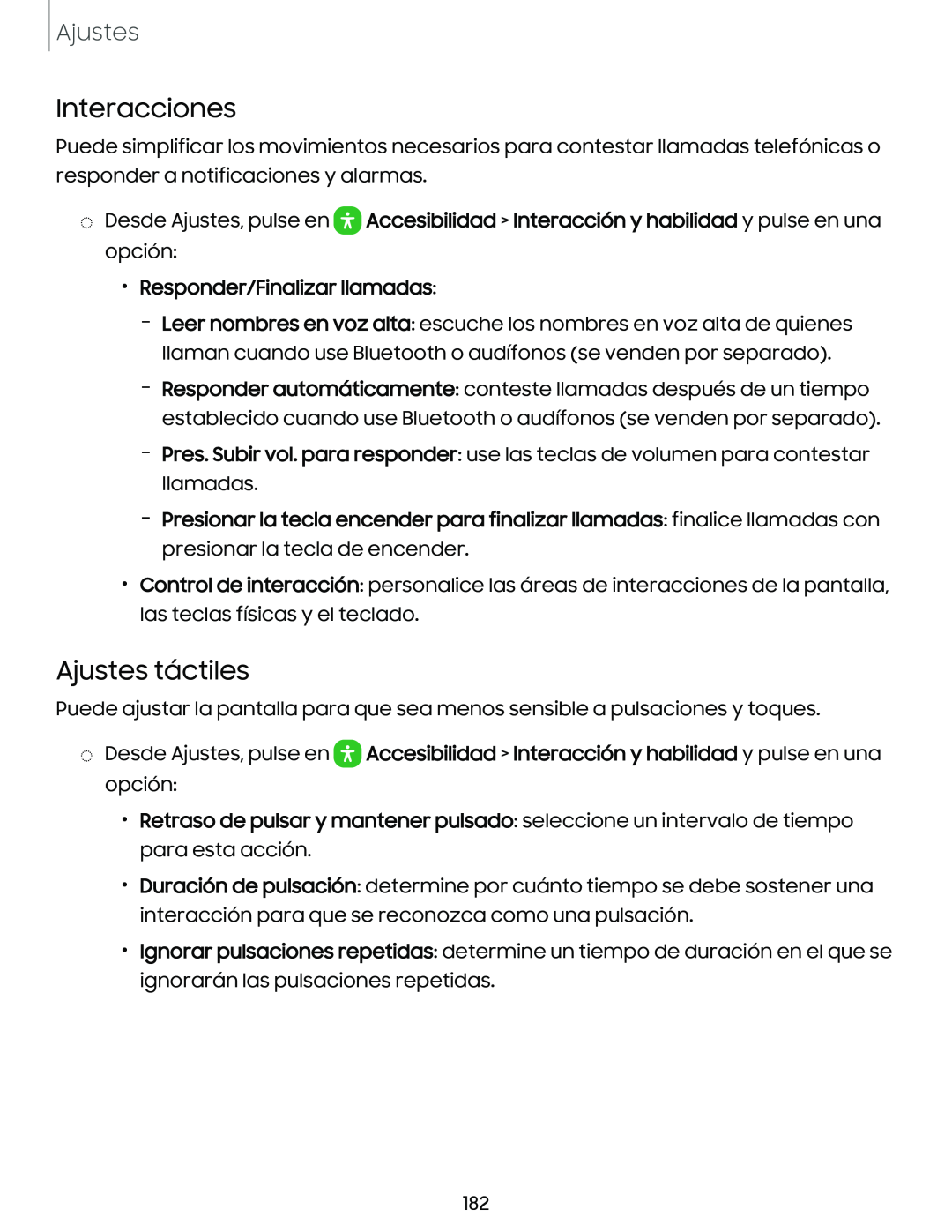 Interacciones Ajustes táctiles