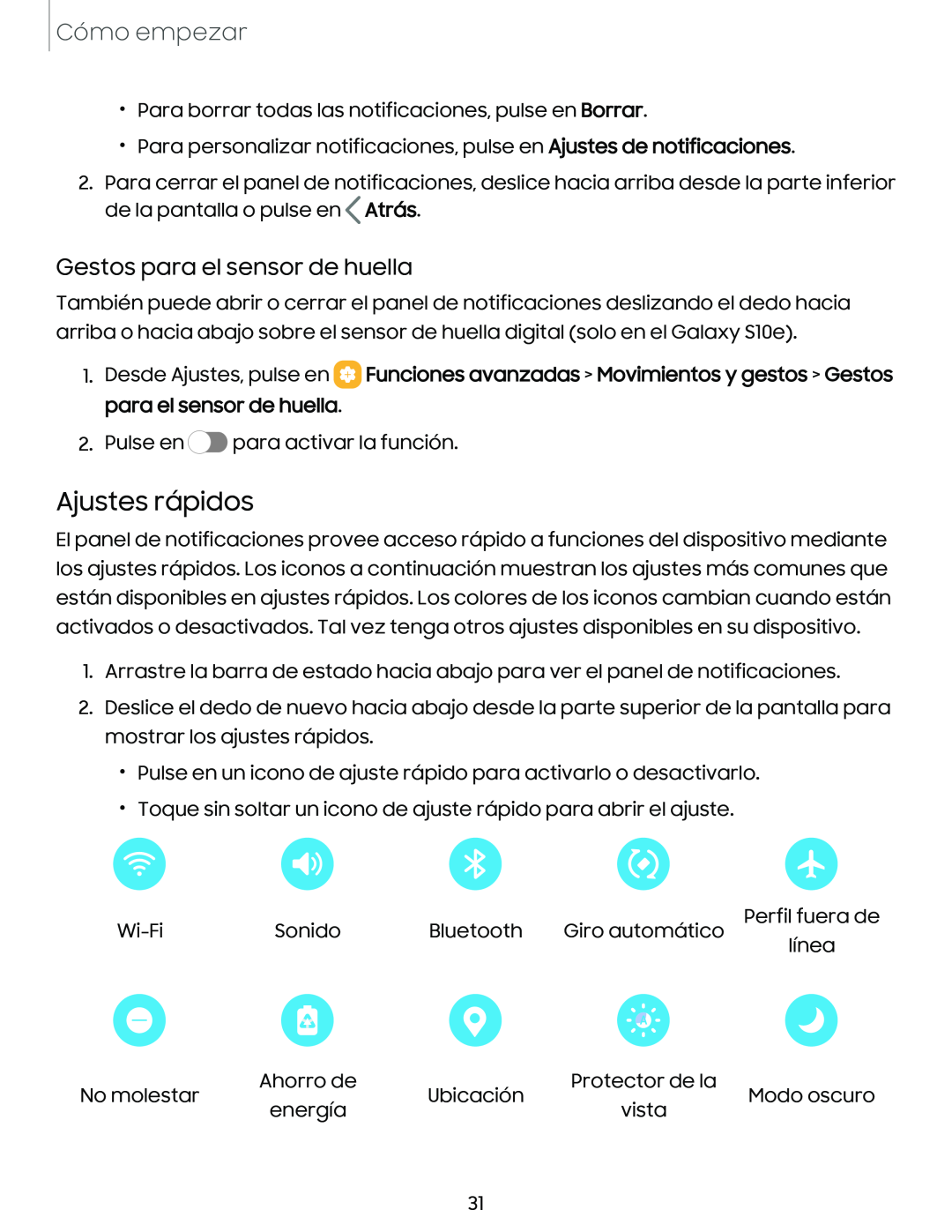 Ajustes rápidos Galaxy S10e Xfinity Mobile