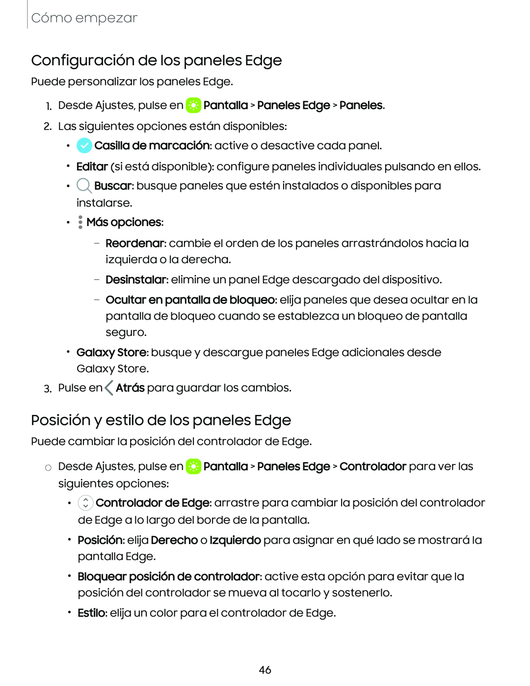 Configuración de los paneles Edge Posición y estilo de los paneles Edge