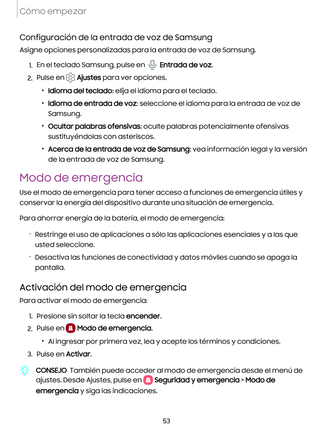 Configuración de la entrada de voz de Samsung Activación del modo de emergencia