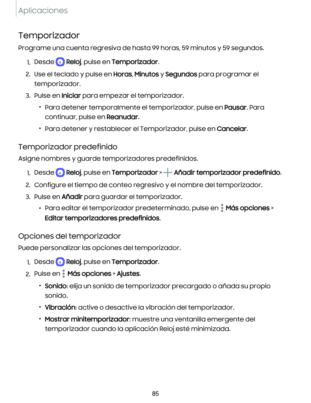 Temporizador predefinido Opciones del temporizador