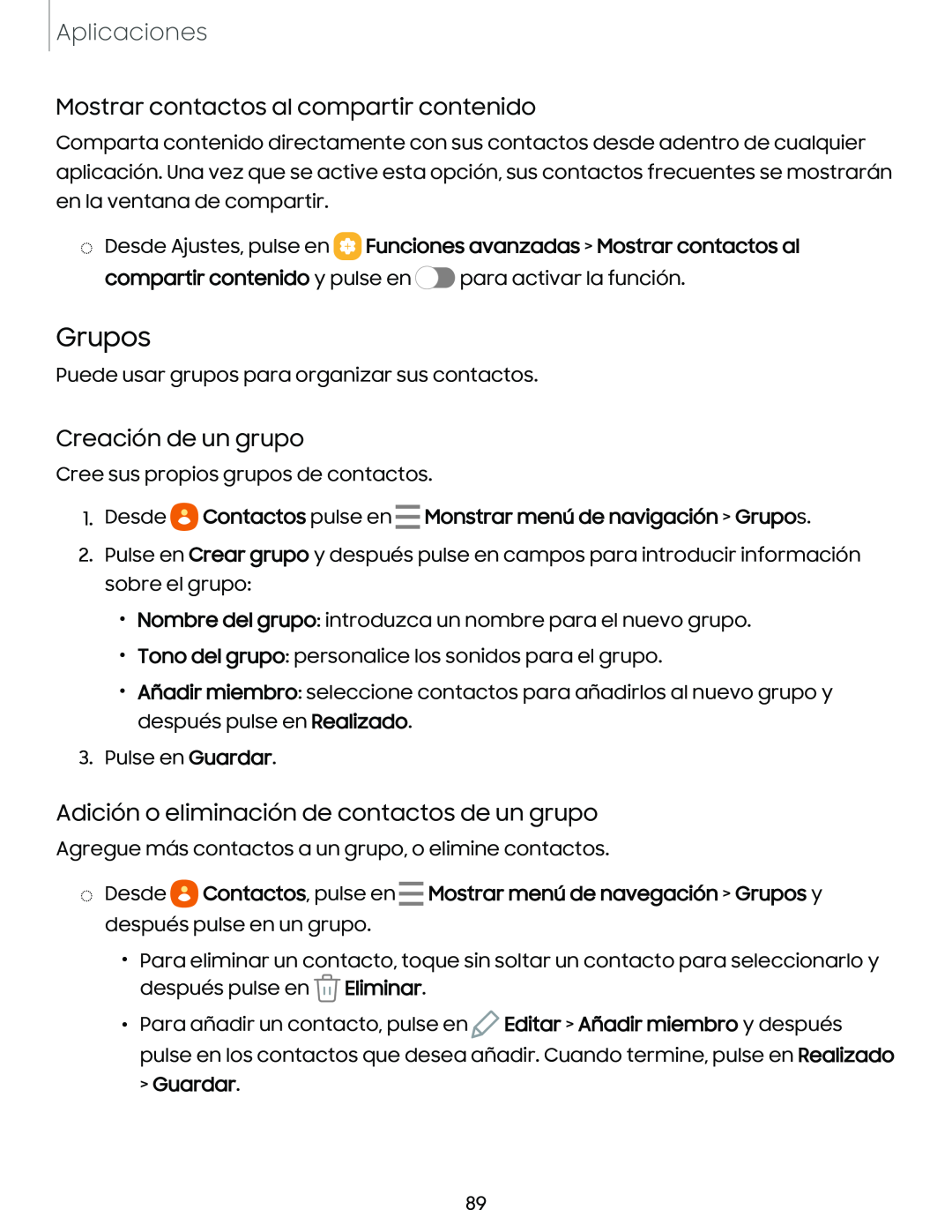 Mostrar contactos al compartir contenido Creación de un grupo