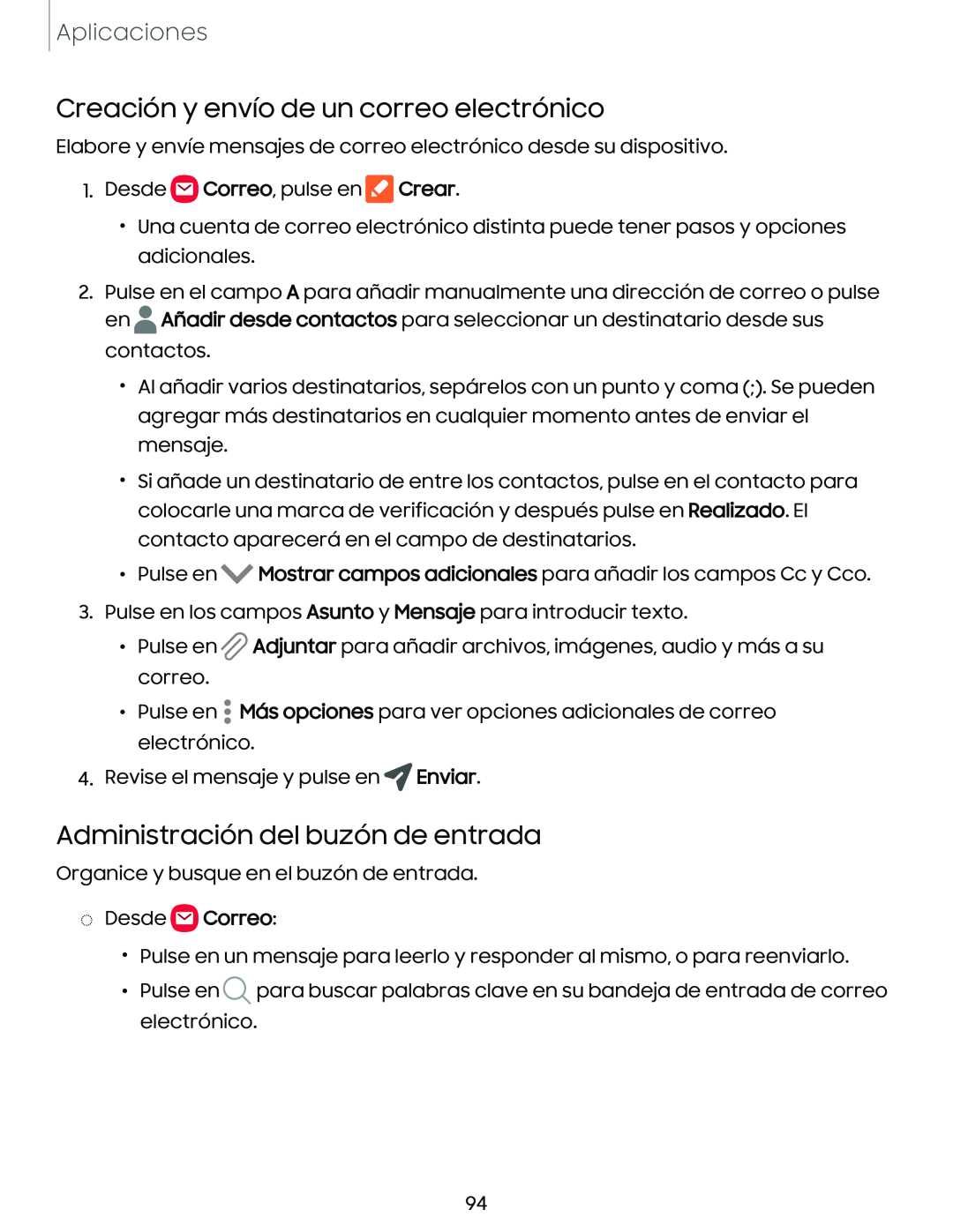 Creación y envío de un correo electrónico Administración del buzón de entrada