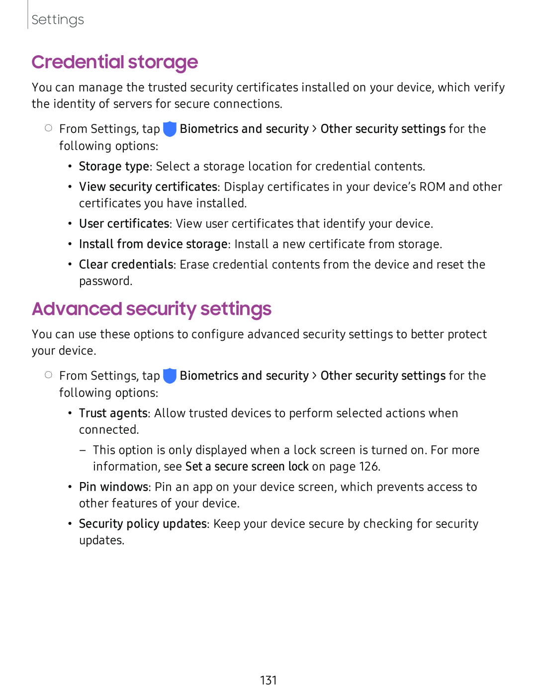 Credential storage Advanced security settings