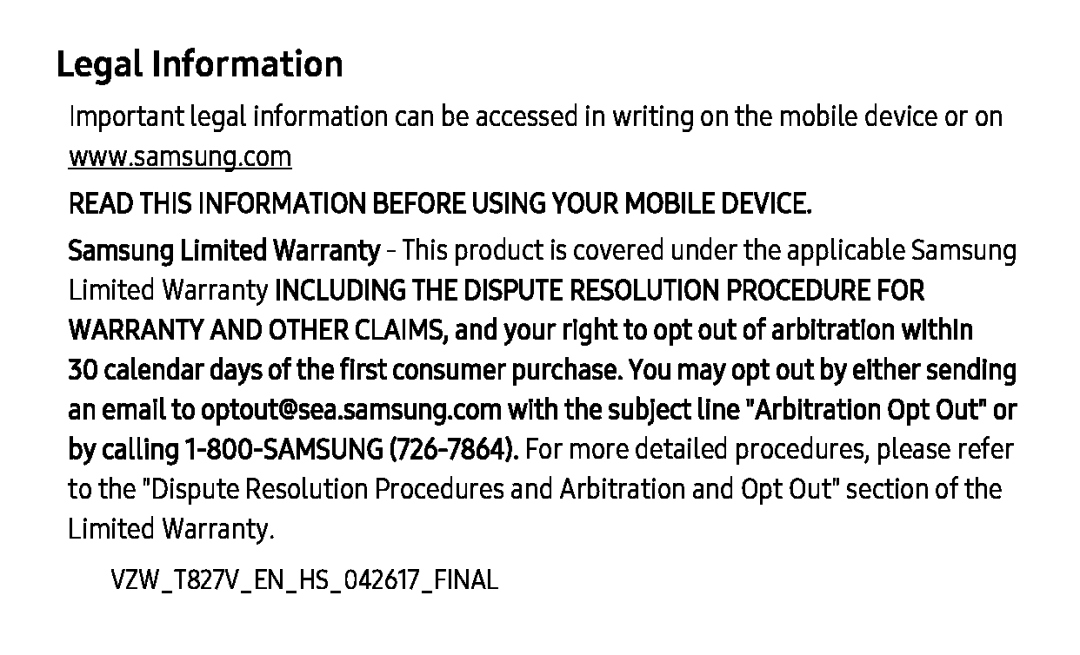Legal Information Galaxy Tab S3 Verizon