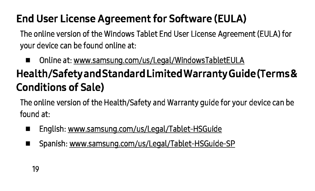 Health/SafetyandStandardLimitedWarrantyGuide(Terms& Conditions of Sale) End User License Agreement for Software (EULA)