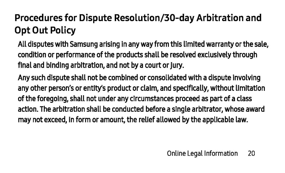 Procedures for Dispute Resolution/30-dayArbitration and Opt Out Policy Galaxy Tab S3 Verizon