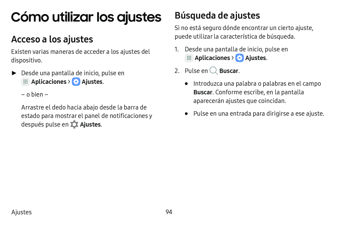 Acceso a los ajustes Búsqueda de ajustes