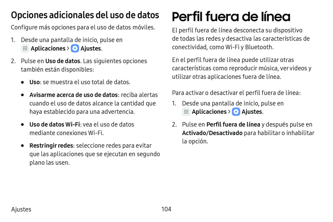 Opciones adicionales del uso de datos Perfil fuera de línea