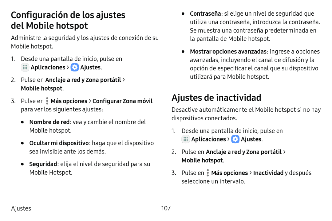 Configuración de los ajustes del Mobile hotspot Ajustes de inactividad