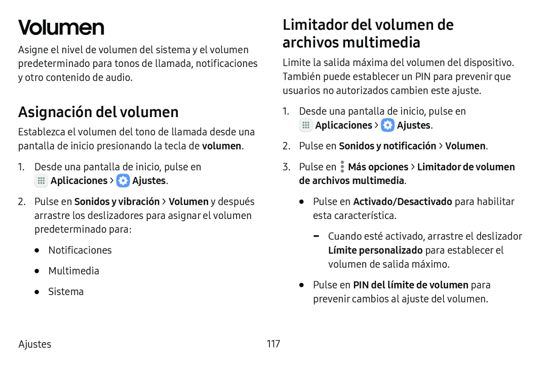 Asignación del volumen Limitador del volumen de archivos multimedia