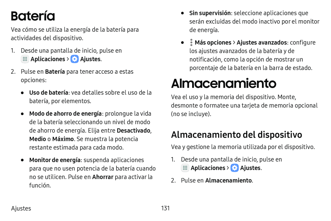 Almacenamiento del dispositivo Batería