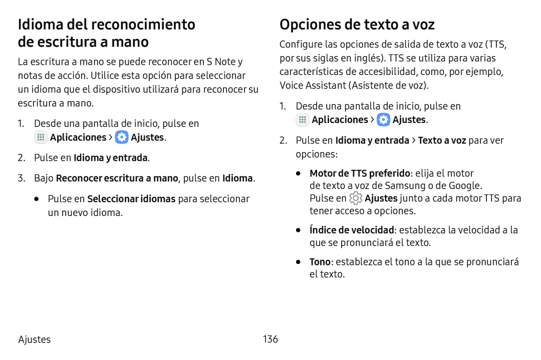 Idioma del reconocimiento de escritura a mano Opciones de texto a voz